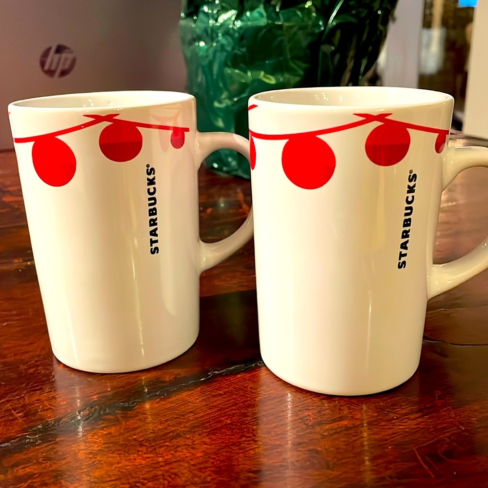 Starbucks 2012 Holiday Mug White with Red Ornaments, 2 10.8oz Mugs